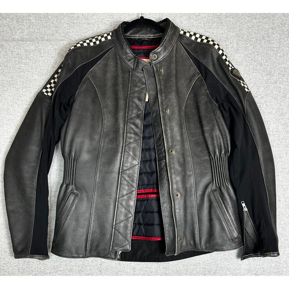 Triumph Cafe Racer Racing Jacket Wms M Black Leather Checkered Removable Liner